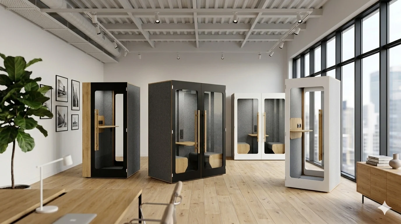 Showroom PhoneBooth — cabines acoustiques disposées en composition éclatée dans un open-space