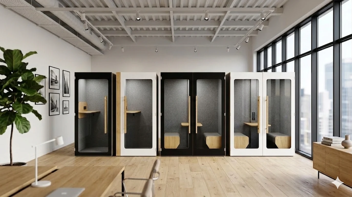 Showroom PhoneBooth — cabines acoustiques alignées vue v9